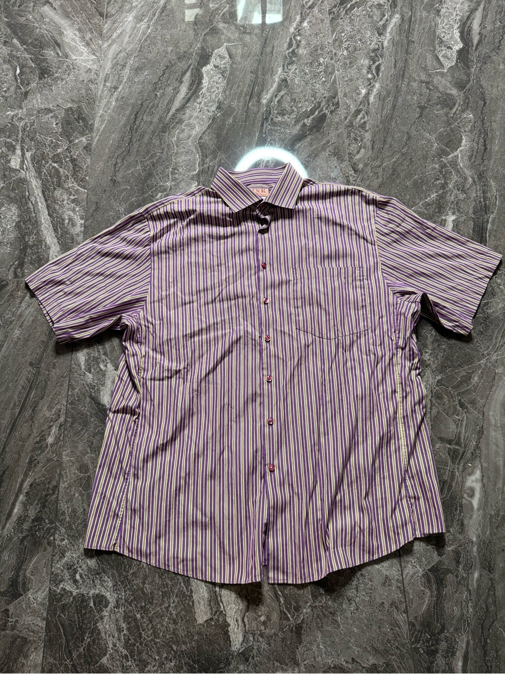 Thomas Pink Shirt Mens 18.5/47 Purple Green Striped Slim Fit Luxury Dress London
